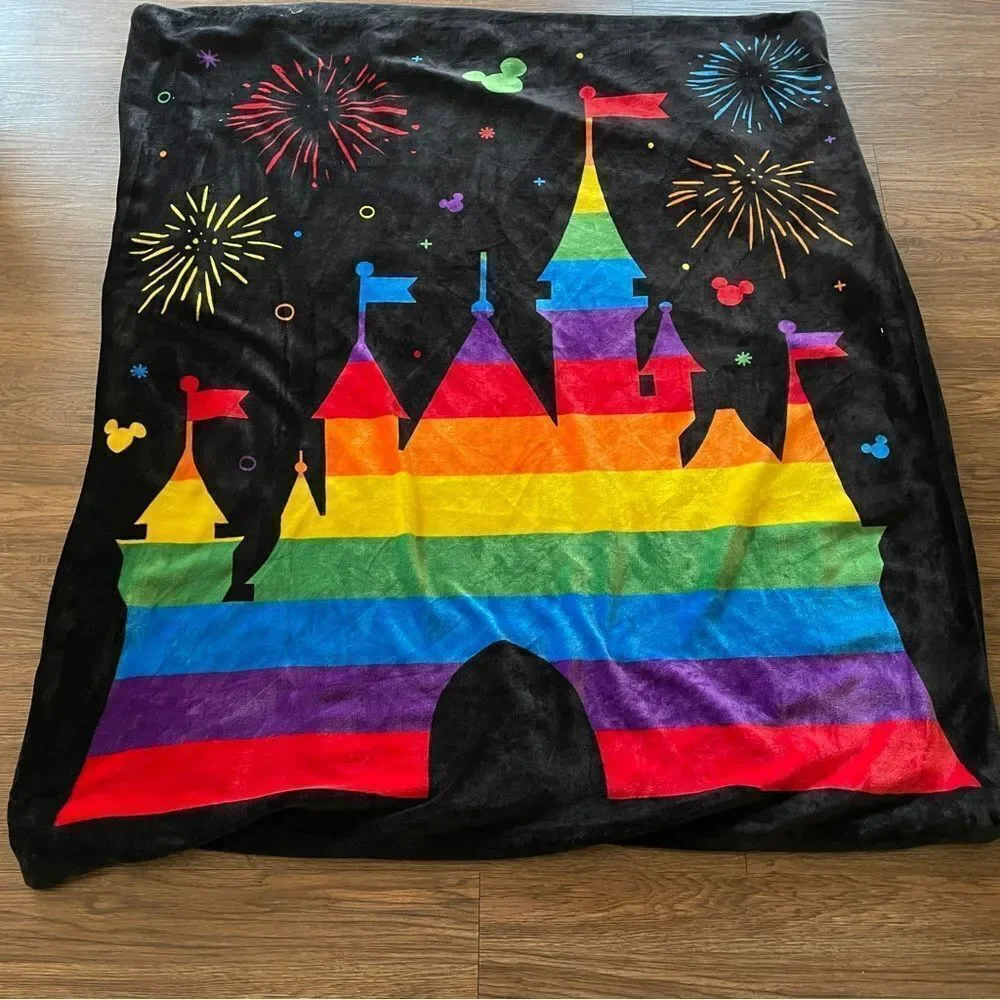 Disney Mickey Rainbow and Castle Sequin Plush Throw 48” x 56” Black and Rainbow